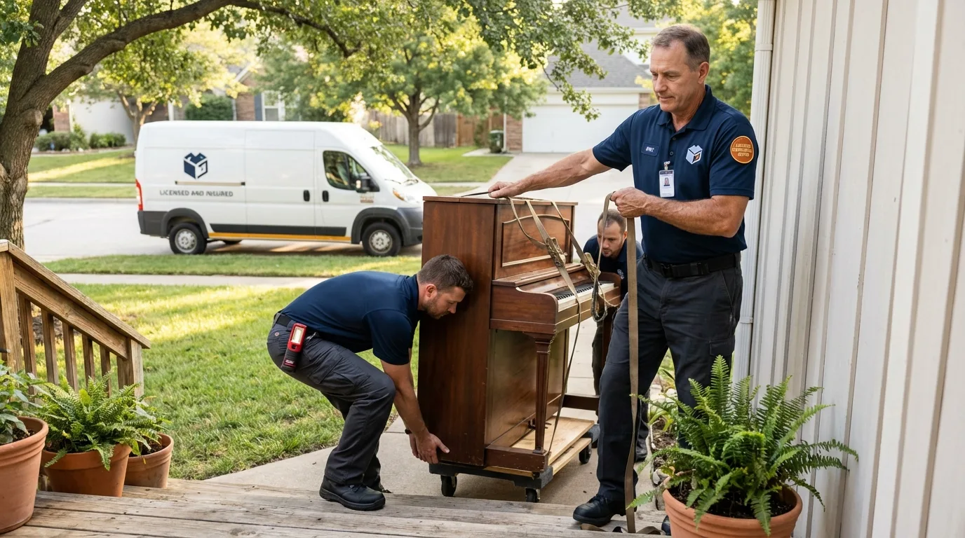 Licensed piano movers securing grand piano in Randolph, WI