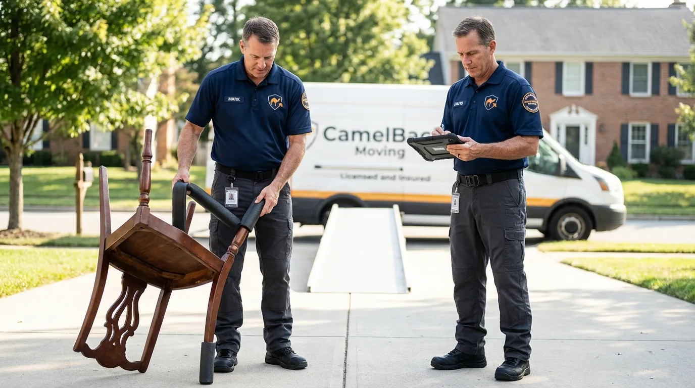 Movers inspecting furniture for damage prevention before loading in Randolph, WI