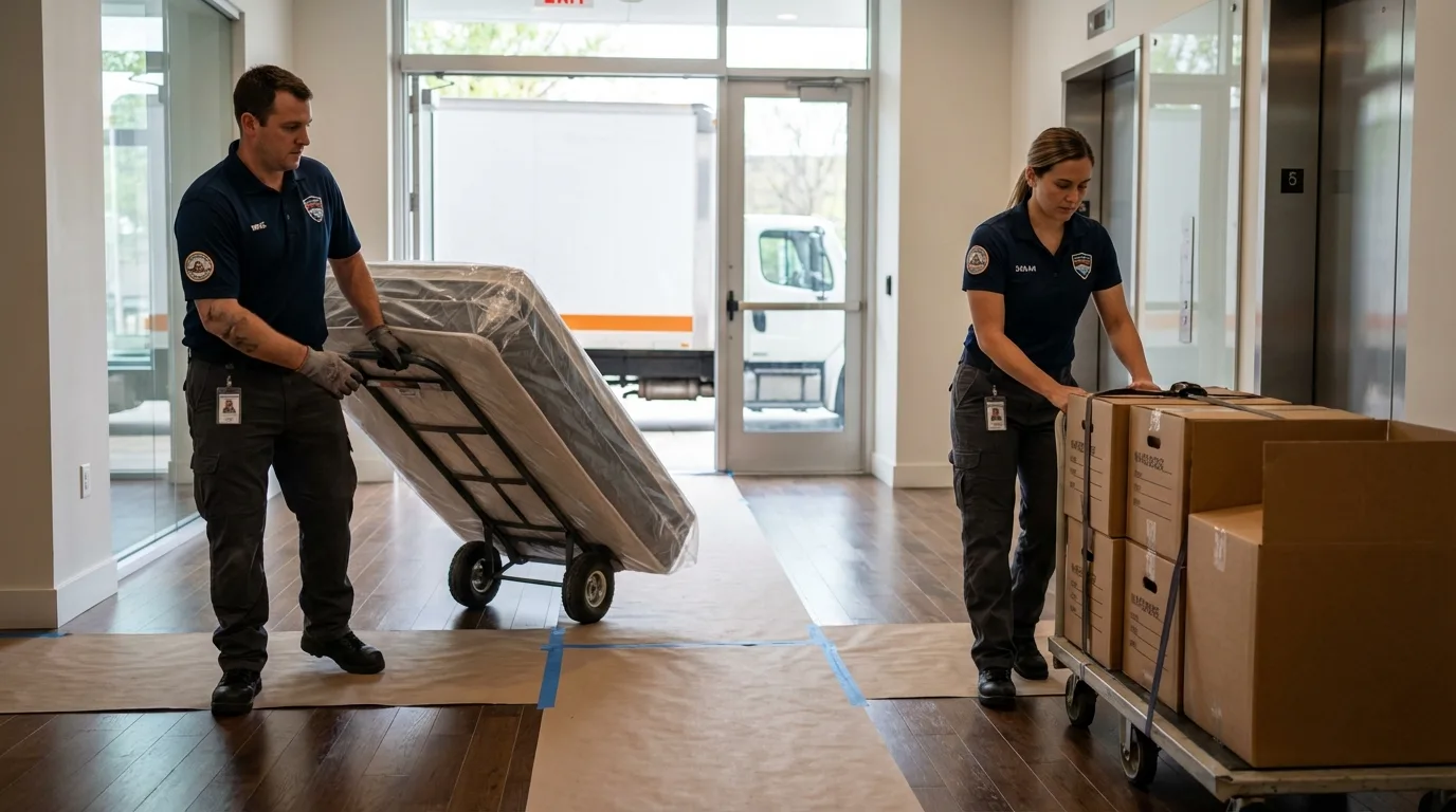 Professional apartment movers loading elevator in Randolph, WI