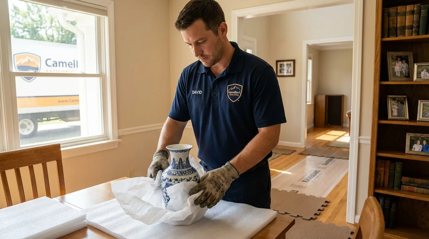 Professional crew carefully wrapping antique vase for senior downsizing move in Randolph, WI